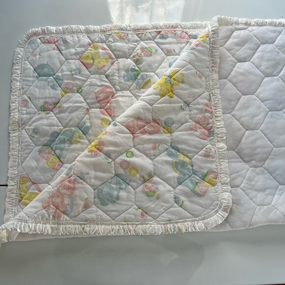 Vintage Pastel Quilted Baby Blanket comforter Elephant Bunny Kitty Horse - Picture 3 of 10
